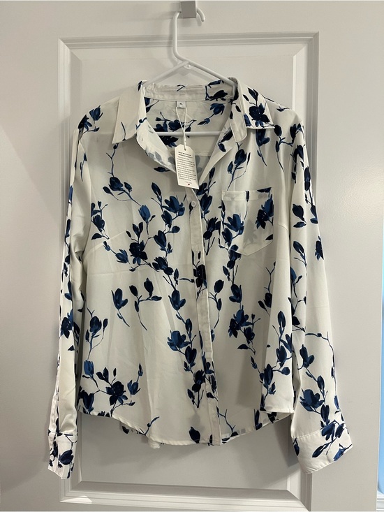 Tops - Women's White Button-Down Shirt with Blue Floral Print